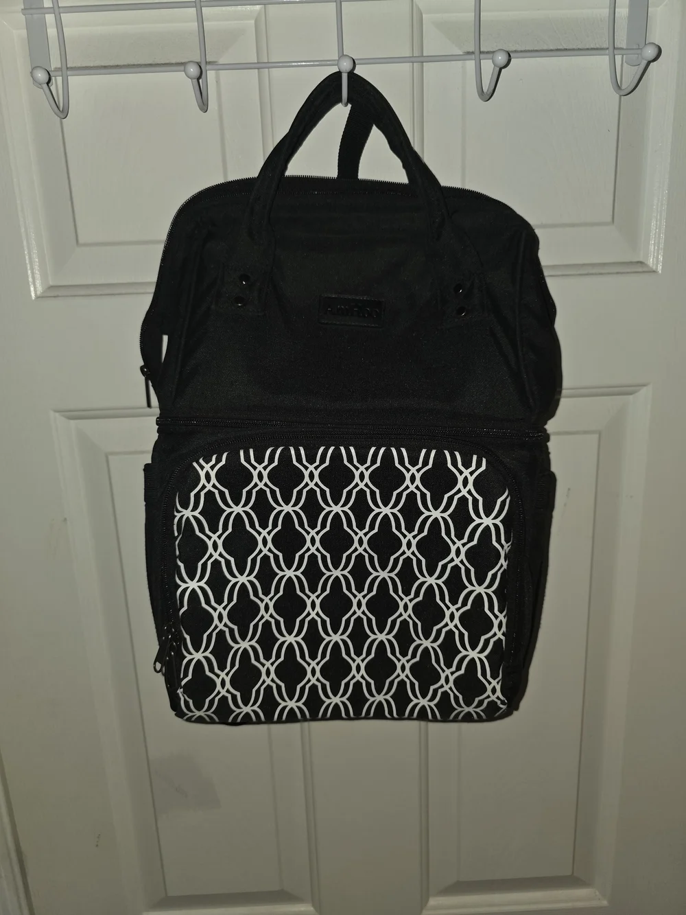 Black Insulated Backpack Cooler with White Geometric Front